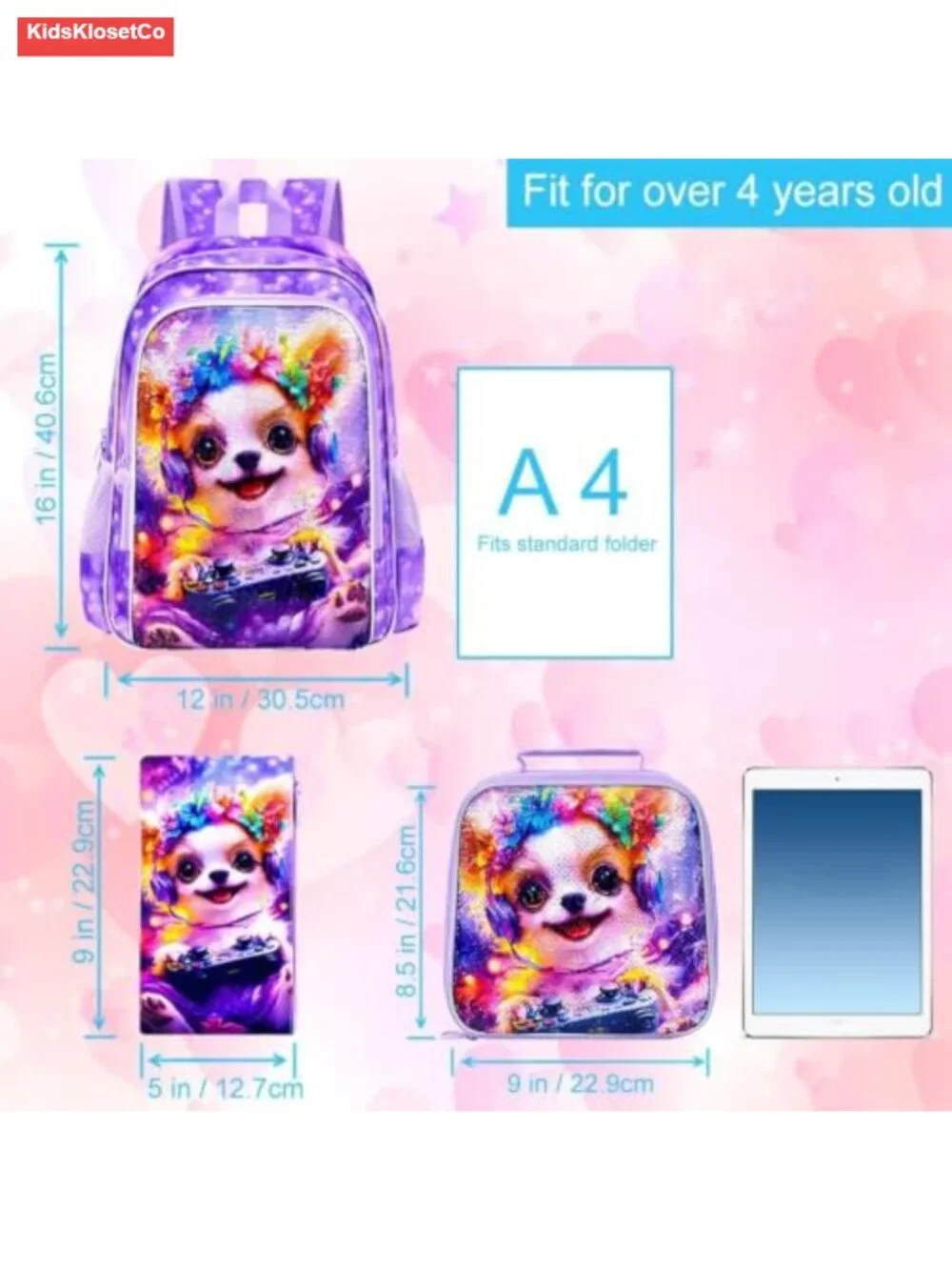 Girls Sequin Dog Backpack Set with Lunch Box